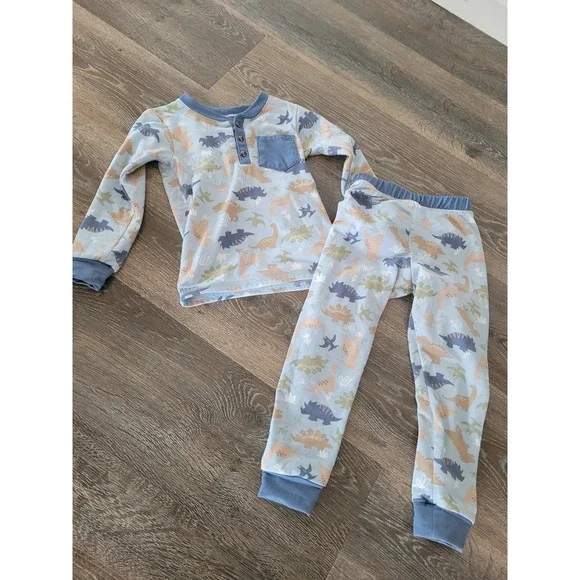 Kidtopia‎ Sleepwear Boys 4T Blue Dinosaur Henley Top Jogger Pajama Set Soft #2