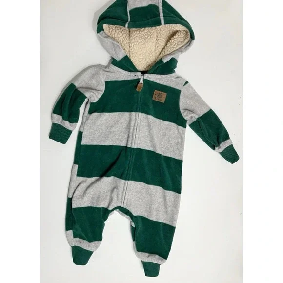 Carters • Dark Green Grey Striped Hooded Baby Fleece Footies