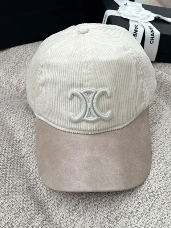 Celine. Off White Corduroy Triomphe. Baseball Hat Cap