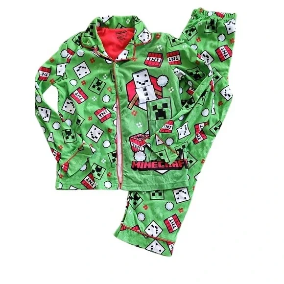 Minecraft Creeper TNT Fleece Pajama Set Gamer Sleepwear Kids Size M 8/10 Green