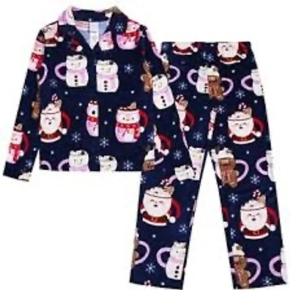 Jellifish Kids Holiday Pajamas Set Navy Blue Santa Snowman Fleece Size M 7/8