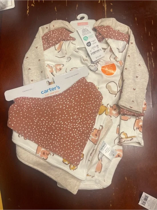 Carter's Rust Floral & Fox Bodysuit with Rust Dot Bandana Bibs