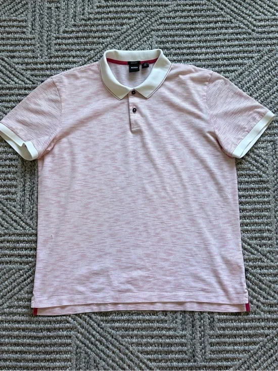 Boss Light Pink Stripe Polo with White Contrast Collar