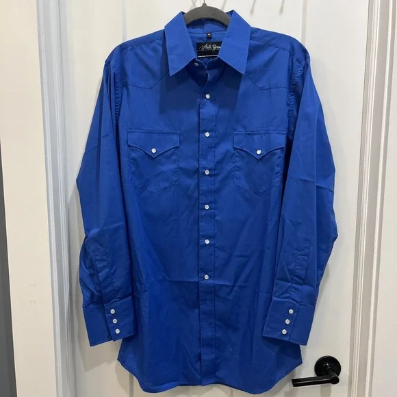 White Horse Mens Long Sleeve Western Pearl Snap Shirt Solid Blue Size Medium