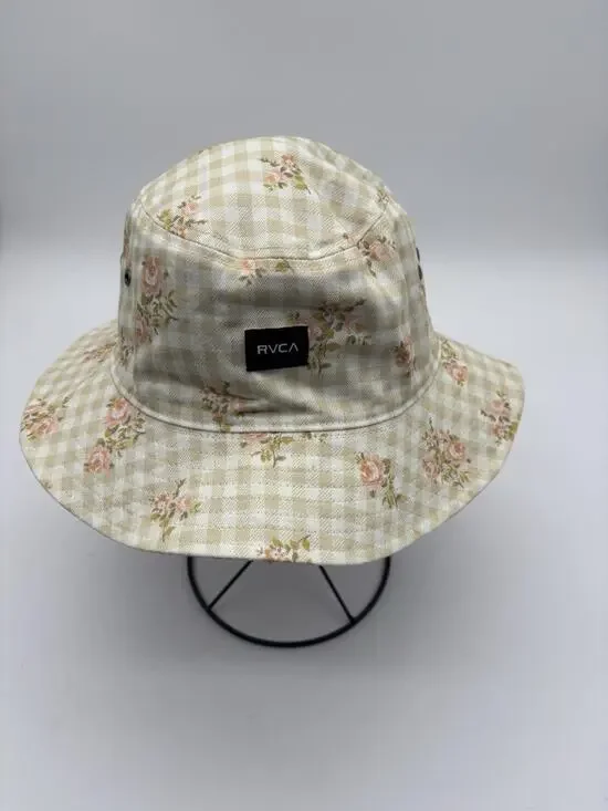 RVCA Women's Reversible Location Bucket Hat Gingham Floral Cream Pink S/M EUC