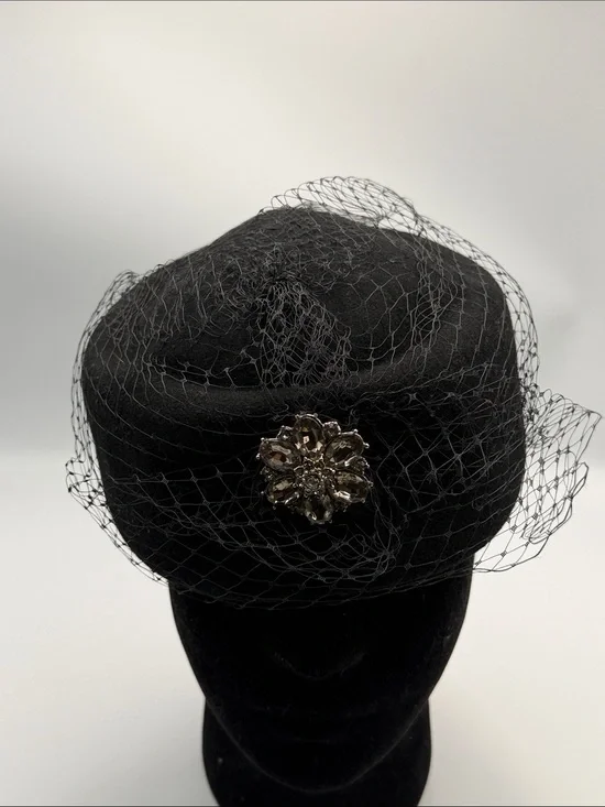 Black Veiled Pillbox Hat with Decorative Brooch