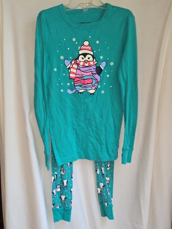 Lands' End Teal Penguin Pajama Set with Pink & Purple Accents