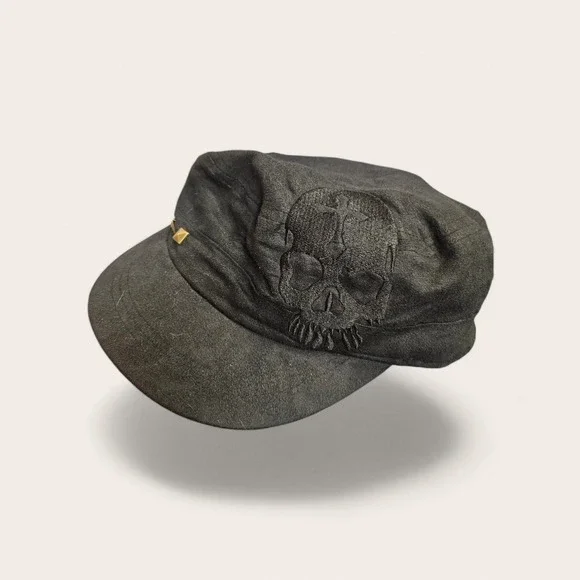 Black Skull Embroidered Cadet Cap Gold Studded Military Hat Faux Suede Gothic