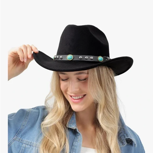 Nickoler Suede Western Cowgirl Hat for Women Black with Turquoise Accent Size L