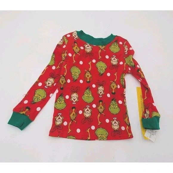 Toddler Grinch Long Sleeve Cotton Christmas Pajama Shirt - Red/Green 2T