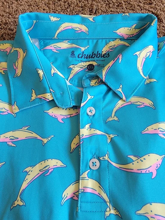 Chubbies Men's Turquoise Dolphin Print Polo Shirt Size XXL