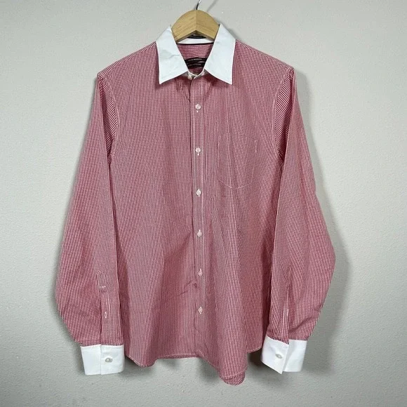 Club Monaco Dress Shirt Dapper Sartorial Men L Red White Gingham Contrast Collar