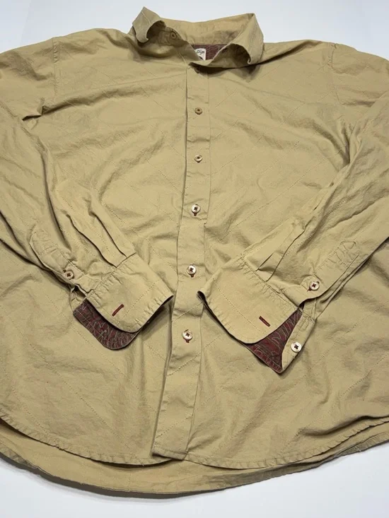 Vintage Men's Khaki Button-Down Shirt with Maroon Cuff Accents