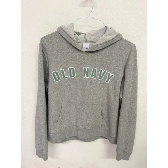 Old Navy Mens M Gray Hoodie Logo Graphic Fleece Sweatshirt Green Applique Pocket