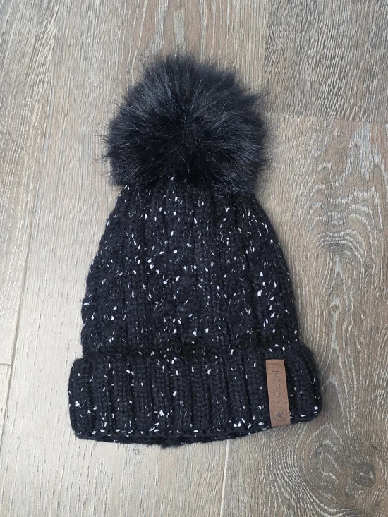 LCZIN Black Confetti Knit Beanie Sherpa Lined Faux Fur Pom Winter Hat Womens