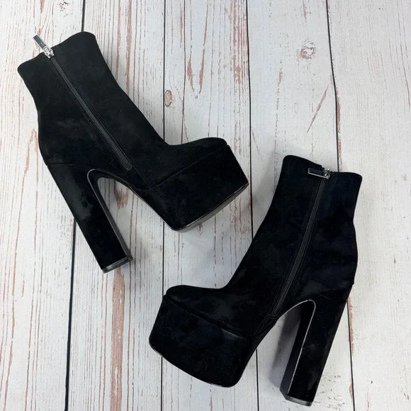 Steve Madden Passion Black Suede Platform Block Heel Ankle Boots PASS06S1 6.5M