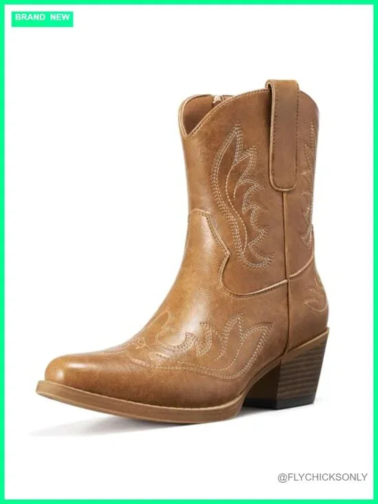 Rollda Women's Embroidered Ankle Cowboy Boots Snip Toe Western Booties