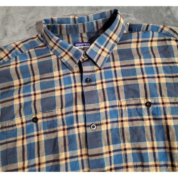 Patagonia Shirt Men XL Blue Plaid Pima Cotton Organic Long Sleeve Outdoor Hiking
