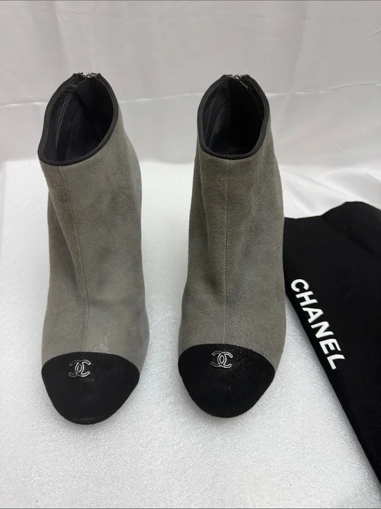 CHANEL Grey Suede Ankle Boots with Black Cap-Toe and Logo