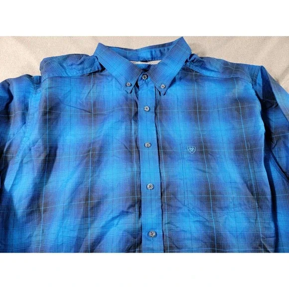 Ariat Pro Series‎ Mens Blue Tartan Plaid Long Sleeve Shirt Button Up Vented 2XL