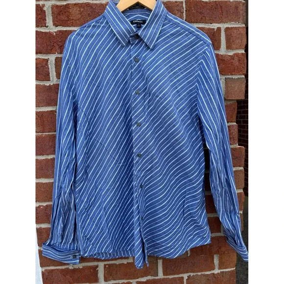 Express Modern Fit Mens Blue White Striped Button Down Shirt Large 16-16.5
