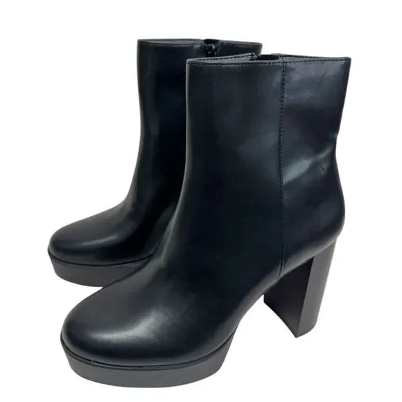 Alfani Boots Size 8.5 Black Almond Toe Faux Leather High Heel Side Zip NEW‎