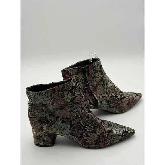 Women's 10 Floral Tapestry Ankle Boots Pointed Toe Brocade Block Boho Victorian