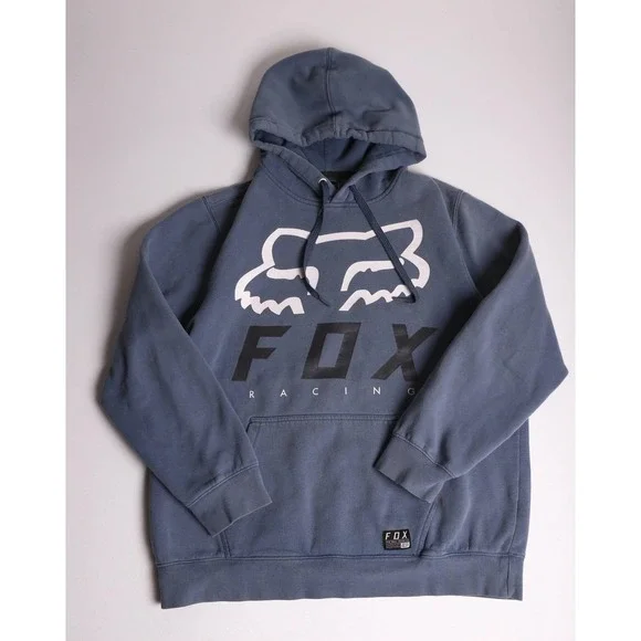 Fox Racing Mens Large Blue Gray Graphic Logo Pullover Hoodie Sweatshirt