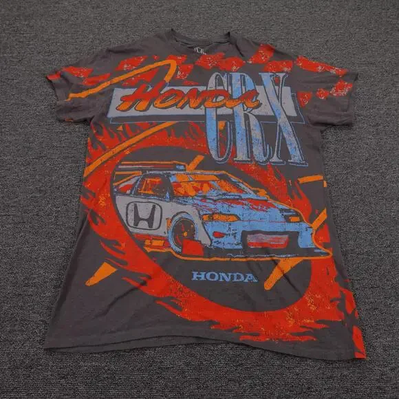 Honda CRX Shirt Mens Small Gray All Over Flames Racing Graphic Tee Double Sided