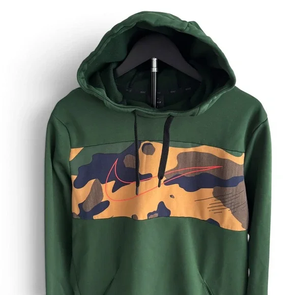 Nike DriFit Hoodie Men M Green Camo Print Performance Stretch Athletic Pullover