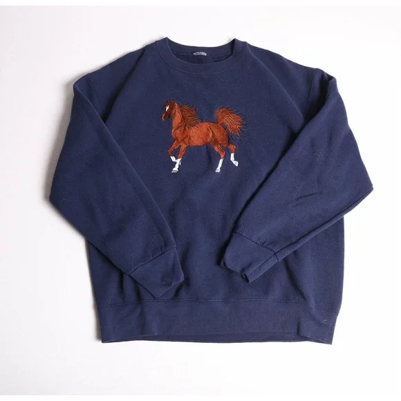 Vintage Navy Blue Horse Embroidery Crewneck Sweatshirt Equestrian Pullover