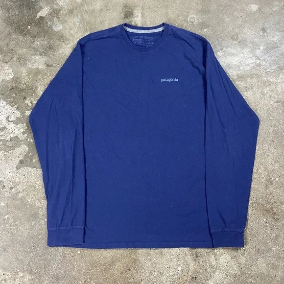 Patagonia Long Sleeve Shirt Size XL Blue Crew Neck Line Logo Mountain Graphic