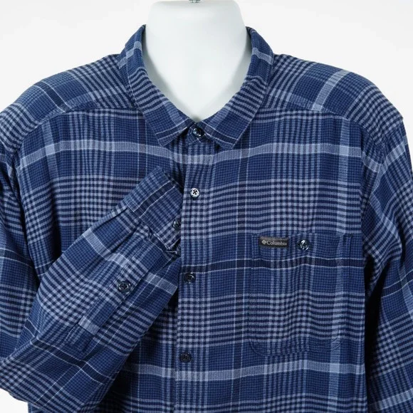 Columbia Mens 3XL Flannel Blue Plaid Button Down Shirt Big & Tall Long Sleeve