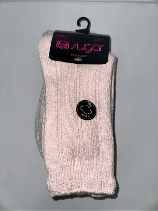 sugar Ladies Blush Pink Silver Gray Knit Super Soft Cabin Socks 2 pairs