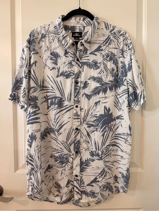 O'Neill White Button-Down Shirt with Blue Palm Print