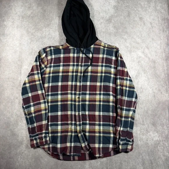 PacSun Mens XL Hooded Flannel Shirt Plaid Button Up Long Sleeve Multi Color
