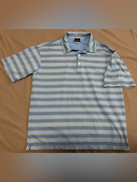 Classic Nike Golf DRI FIT UV Short Sleeve Polo Shirt Blue Striped Mens Size L
