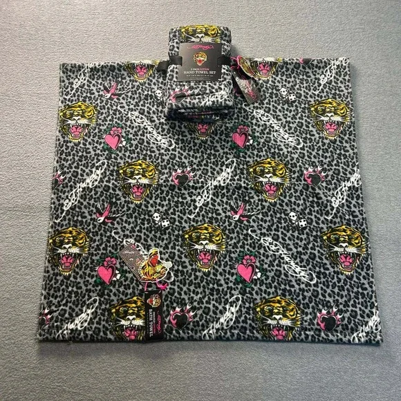 Ed Hardy 3 Pc Towel Set Tiger Leopard Print Y2K‎ Bath 28x54 Hand 16x26 Cotton