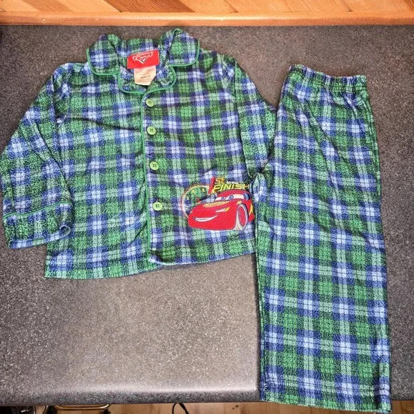Y2K '05 Disney Cars‎ Green Plaid Fleece Pajama Set Size 3T Embroidered