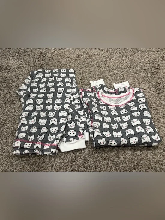 Girls Gray XL Cuddl Duds Long Thermal Underwear Cat Print Set with Pink Accents