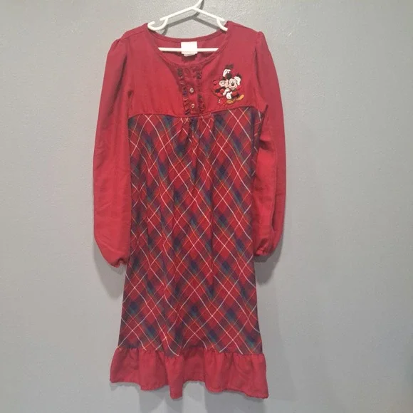 Disney Store Girls Red Plaid‎ Mickey Minnie Christmas Nightgown 7/8 Holiday Cozy