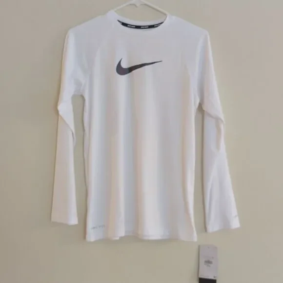 NWT Nike Girls Swim White Long Sleeve Shirt Rash Guard UPF 40+ - Size XL