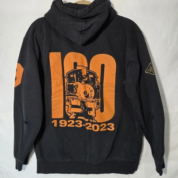 Lima Locomotive Works 100 Year Anniv Hoodie Black Full Zip MED Distressed Elbows