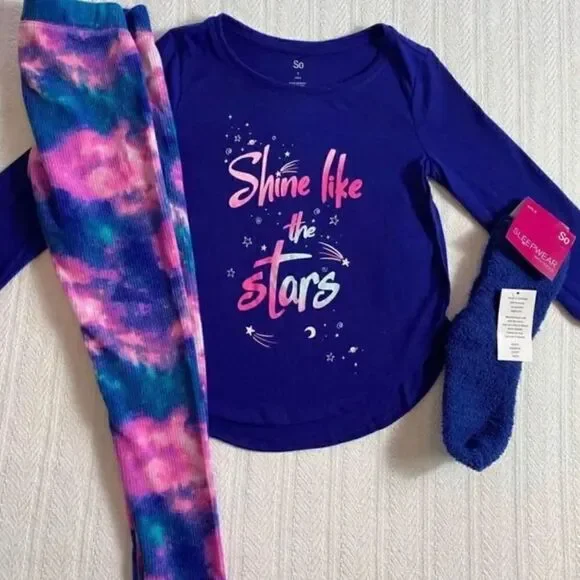 SO Girls 3-Piece Tunic and Thermal Leggings Pajama Set with Socks