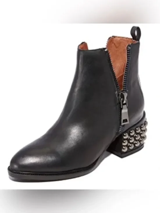 Jeffrey Campbell Black Leather Ankle Boot with Studded Heel double zip