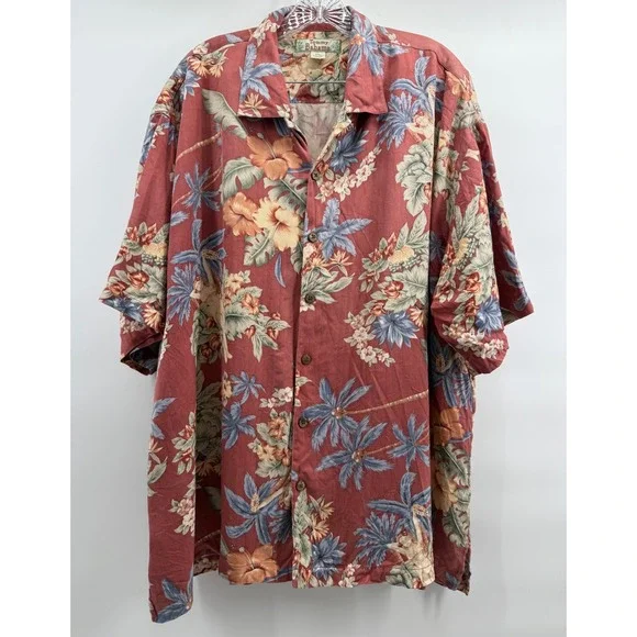 Tommy Bahama Mens XXL Red Silk Hula Girl Palm Tree Tropical Camp Shirt