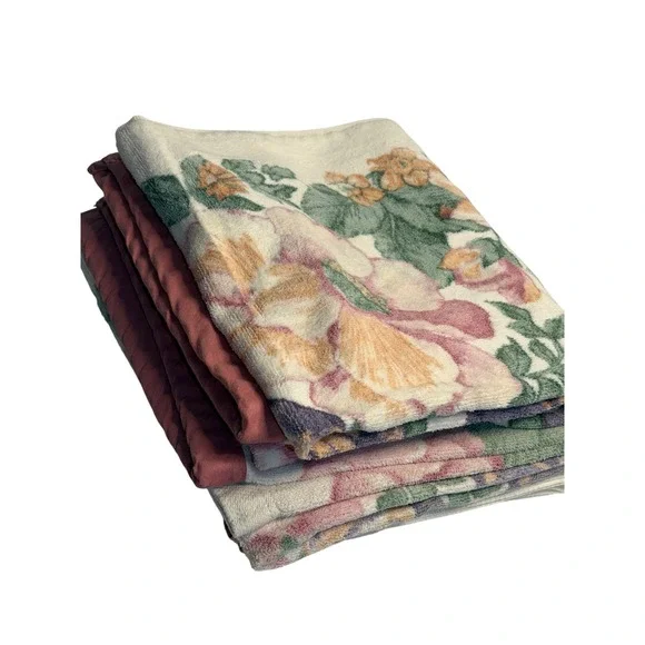 VTG Bath Towels Floral Pink Purple Orange Cream Botanical Garden‎ Set of 3 Retro