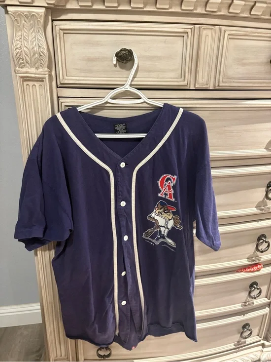 Vintage Navy and White Baseball Jersey with Mascot Patch