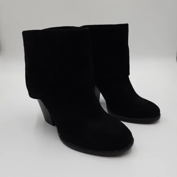 VINCE CAMUTO BRASS Black Suede Leather High Heel Ankle Fold Down Boots Size 6.5