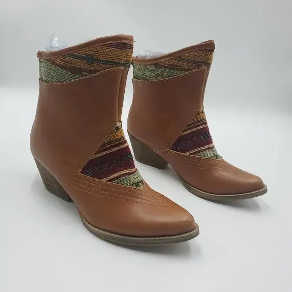 Sbicca Cognac Booties with Aztec Print Fabric Western Booties Size 6